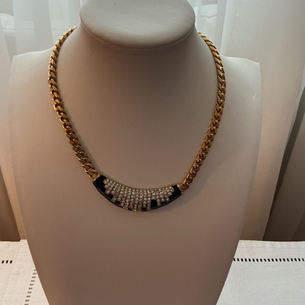 Black Enamel and Rhinestone Gold Tone Choker Necklace